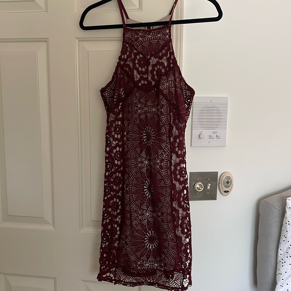Burgundy Lace Mini Dress